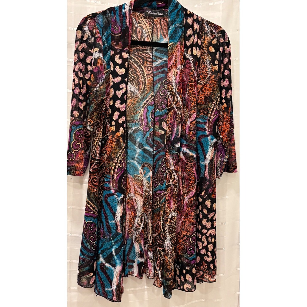 Creation Womens Paisley Leopard Print Open Front Cardigan Sheer Mesh Multi Small